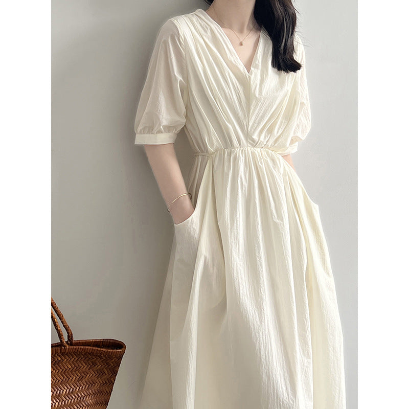 Retro V-neck Pleated Elegant Tied Cinched Mid-length Dress nyaabs.com