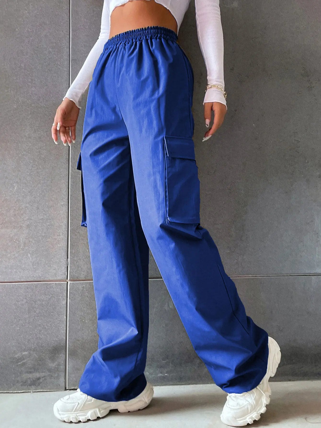 Women's Fashion Solid Color High Waist Flip Workwear With Pocket Pants - Nyaabs