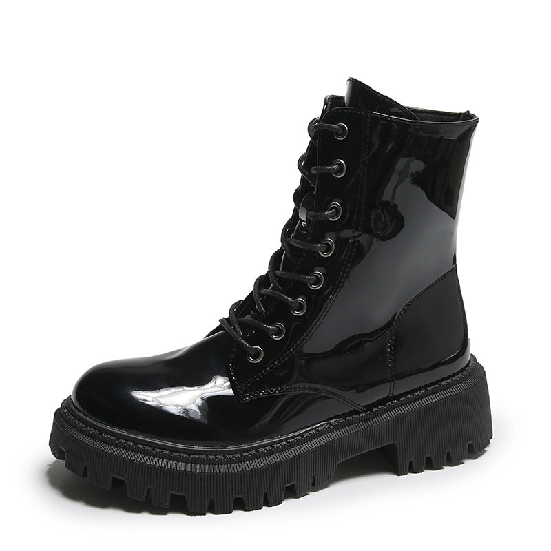 European And American Patent Leather Mid Heel Round Toe Short Motorcycle Boots nyaabs.com