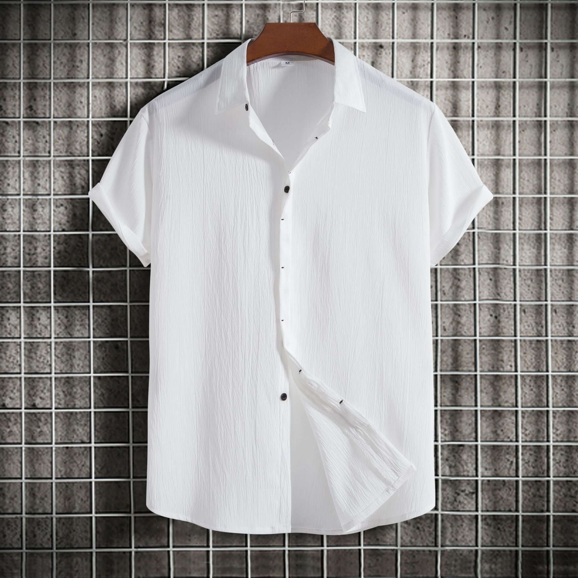 Cross-border 2024 summer new men's short-sleeved shirt loose solid color button short-sleeved shirt cotton and linen shirt men - Nyaabs