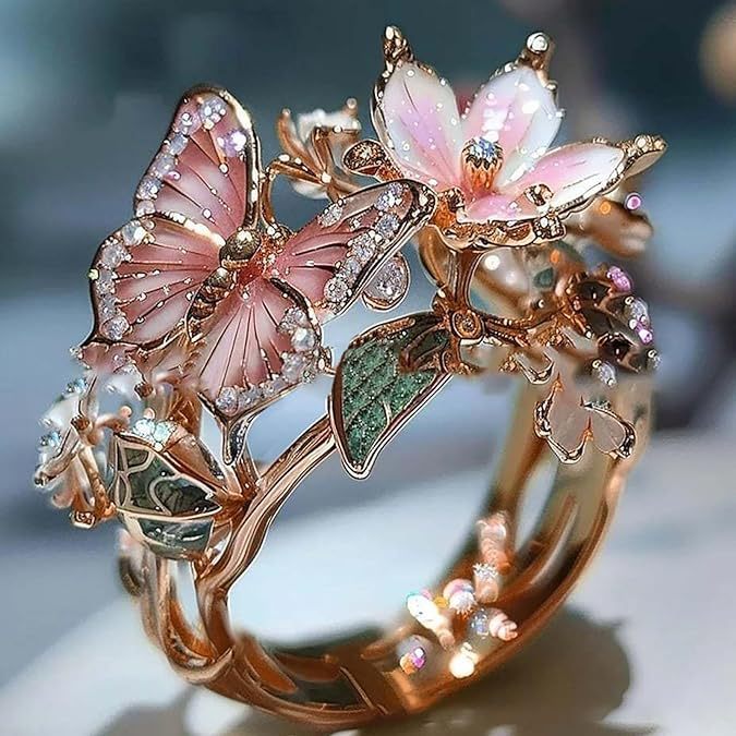 Adjustable Elegant Transparent Crystal 3D Shining Diamond Drop Oil Butterfly Flower Ring For Women Aesthetic Gold Plated Cute Animal Insect Fashion Jewelry - Nyaabs