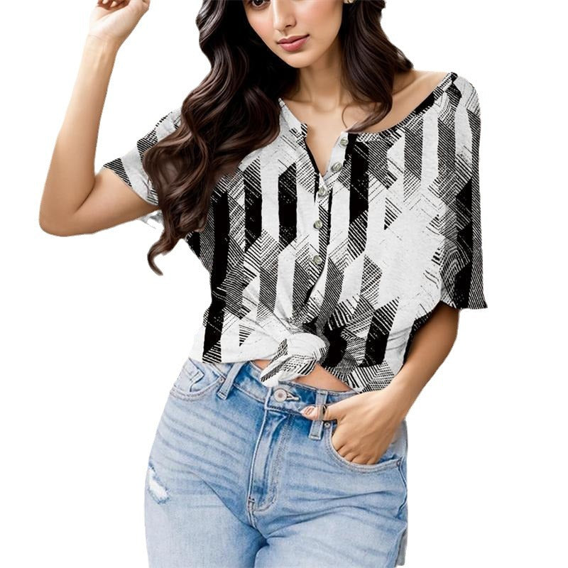 Fashion V-neck Printed Button Short Sleeve Women's Blouse nyaabs.com