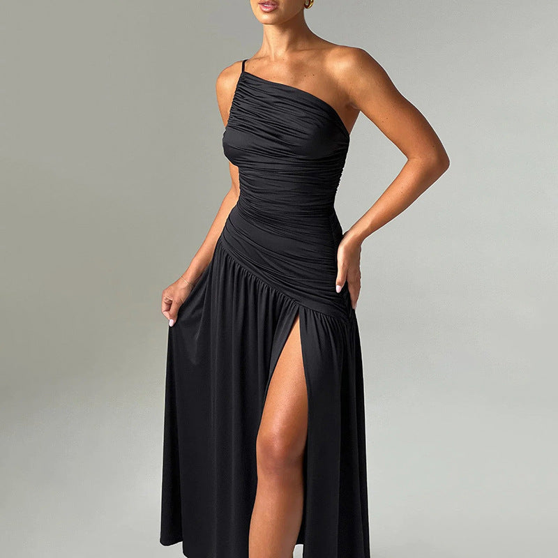 Sling Shoulder Pleated Split A- Line Dress nyaabs.com