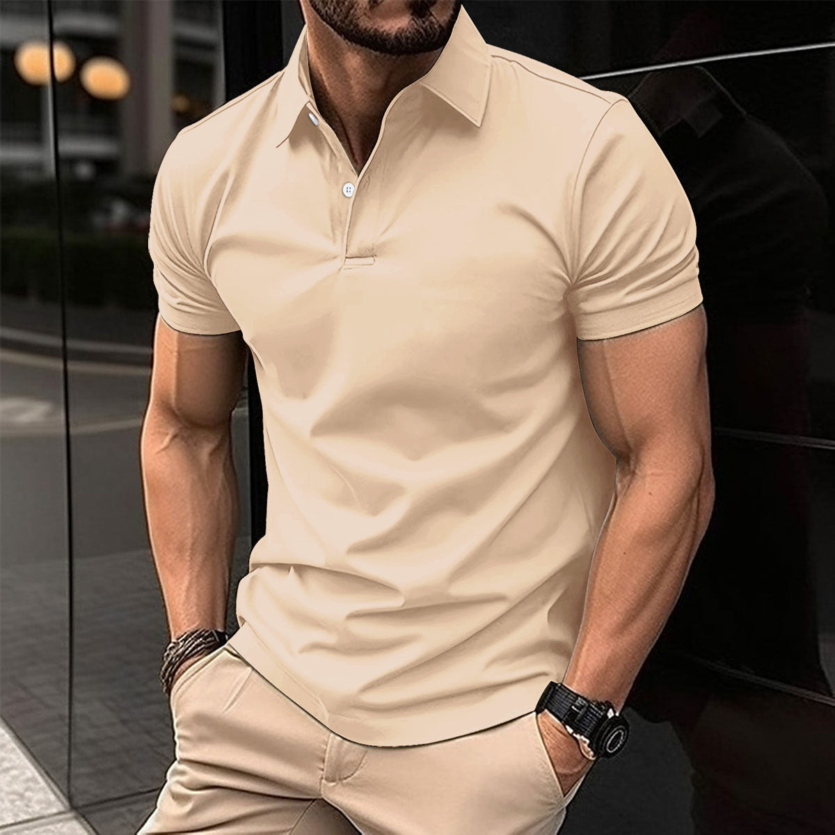 Summer Short Sleeve Polo Shirt Men Solid Color Button Lapel Button Top - Nyaabs