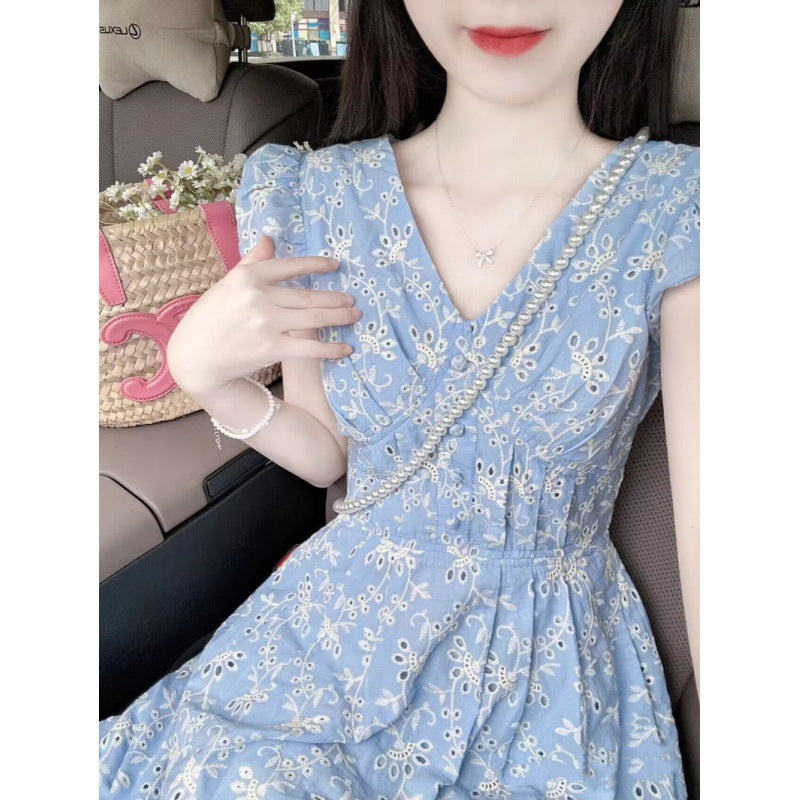 High-grade Machine Embroidery Blue Platycodon Grandiflorum French Dress nyaabs.com