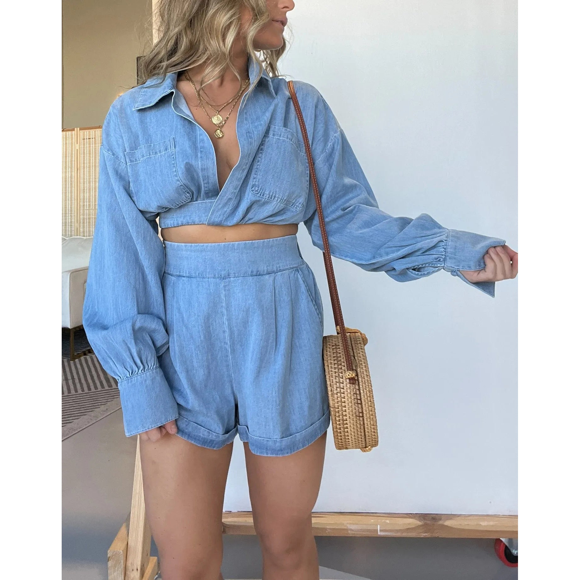 Fashion Women's Wear Denim Shirt Deep V Long Sleeve Suit - Nyaabs