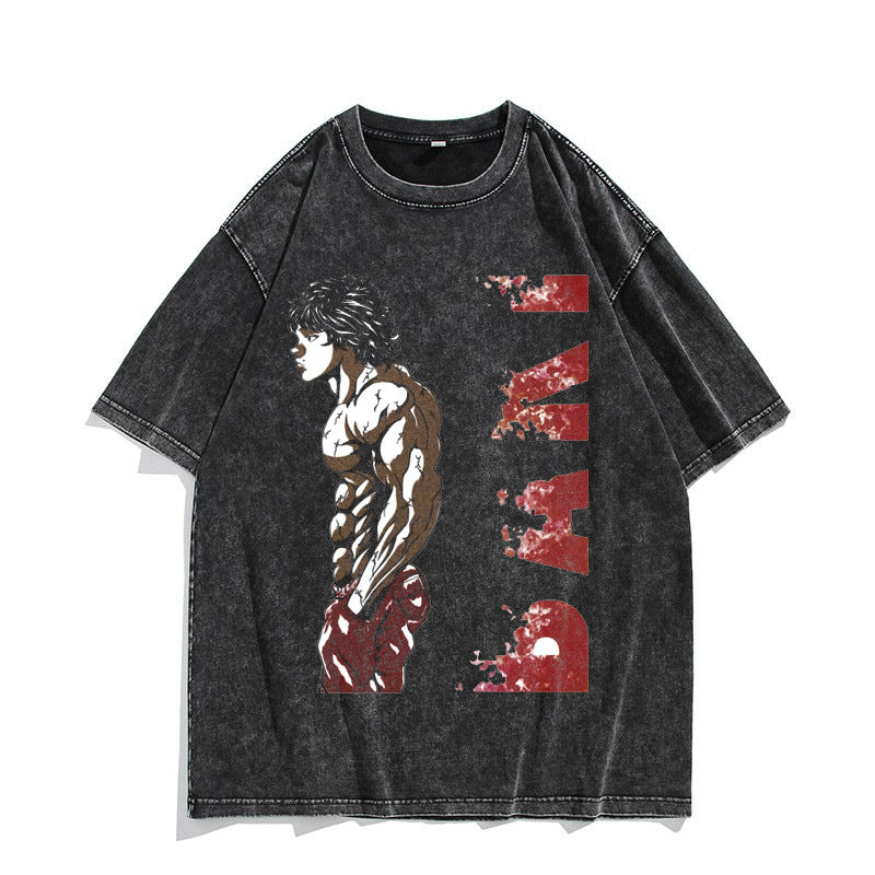 European and American washed distressed retro short-sleeved T-shirt anime Baki Hanma Baki Hanma American high street top - Nyaabs