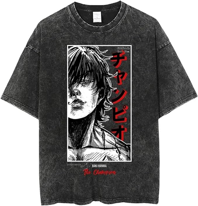 European and American washed distressed retro short-sleeved T-shirt anime Baki Hanma Baki Hanma American high street top - Nyaabs