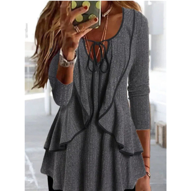 V-neck Lace-up Ruffled Temperament Commute Casual Long-sleeved Top nyaabs.com