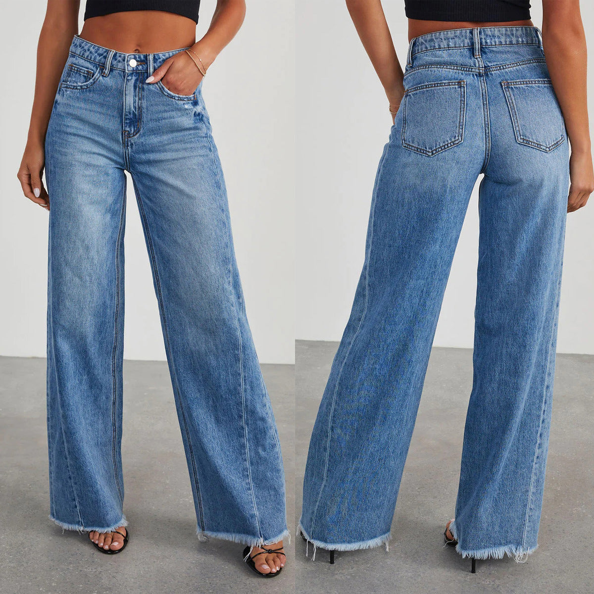 Women's Loose Wide-leg Side Seam Stitching Frayed Hem Jeans nyaabs.com