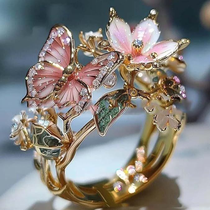 Adjustable Elegant Transparent Crystal 3D Shining Diamond Drop Oil Butterfly Flower Ring For Women Aesthetic Gold Plated Cute Animal Insect Fashion Jewelry - Nyaabs