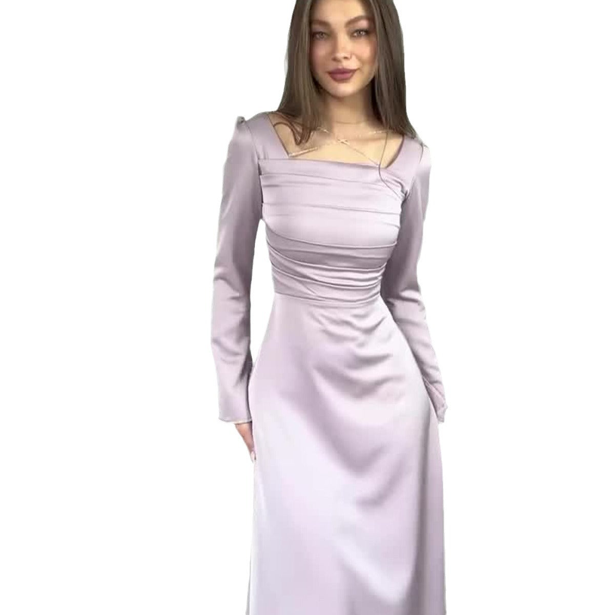 Slim-fit Diamond-encrusted Tied Long Sleeves Satin Dress nyaabs.com