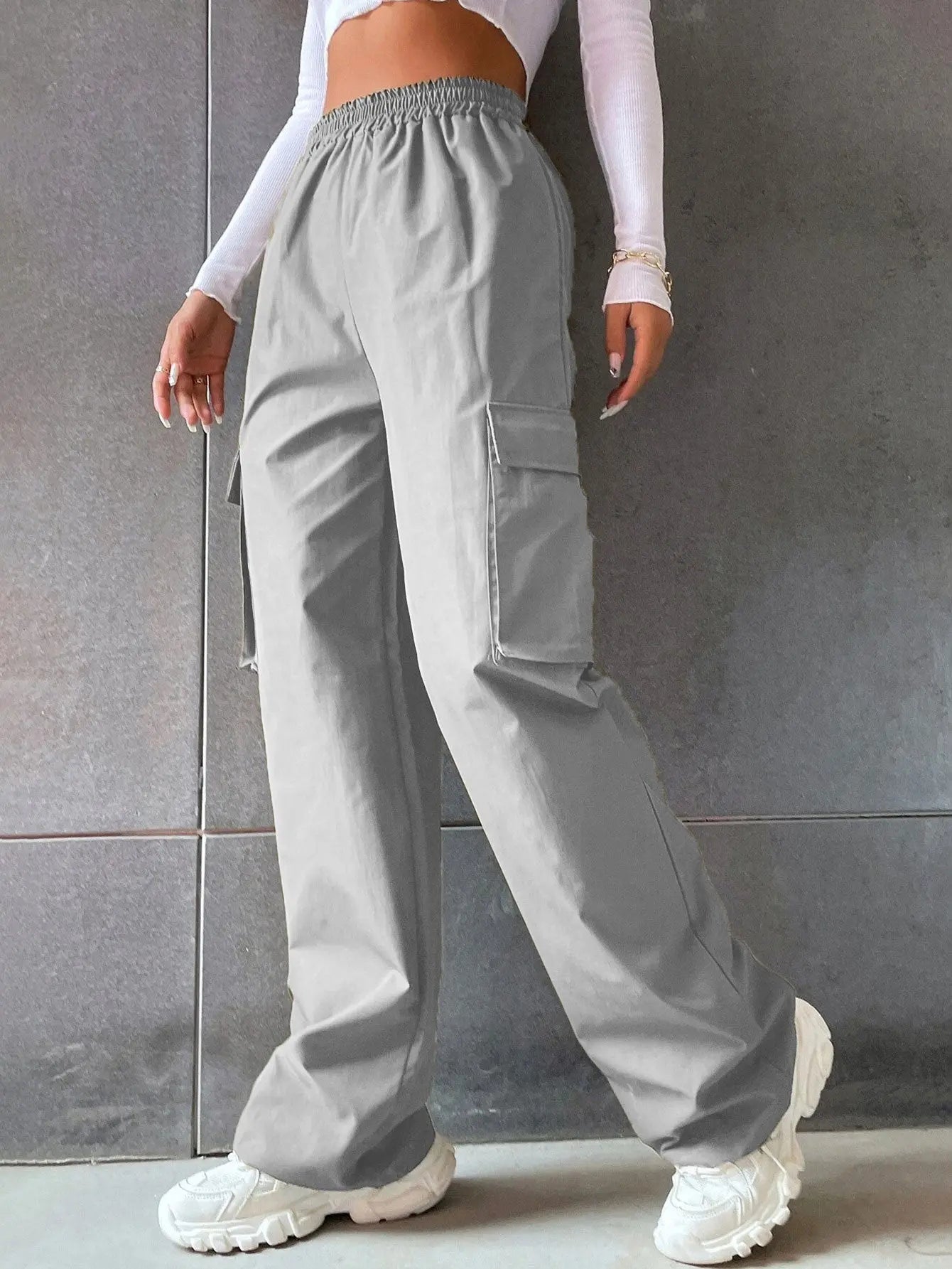 Women's Fashion Solid Color High Waist Flip Workwear With Pocket Pants - Nyaabs