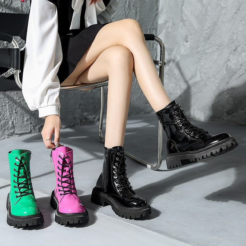 European And American Patent Leather Mid Heel Round Toe Short Motorcycle Boots nyaabs.com