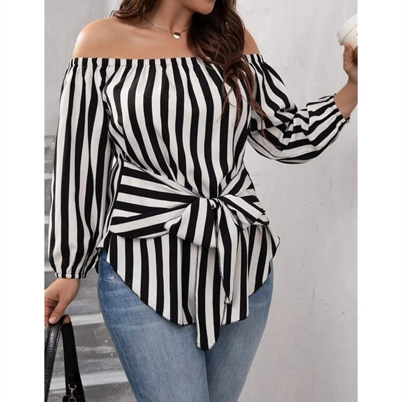 European And American Black And White Striped Sexy Fashion Off-shoulder Shirt nyaabs.com