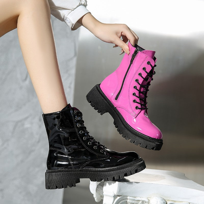 European And American Patent Leather Mid Heel Round Toe Short Motorcycle Boots nyaabs.com