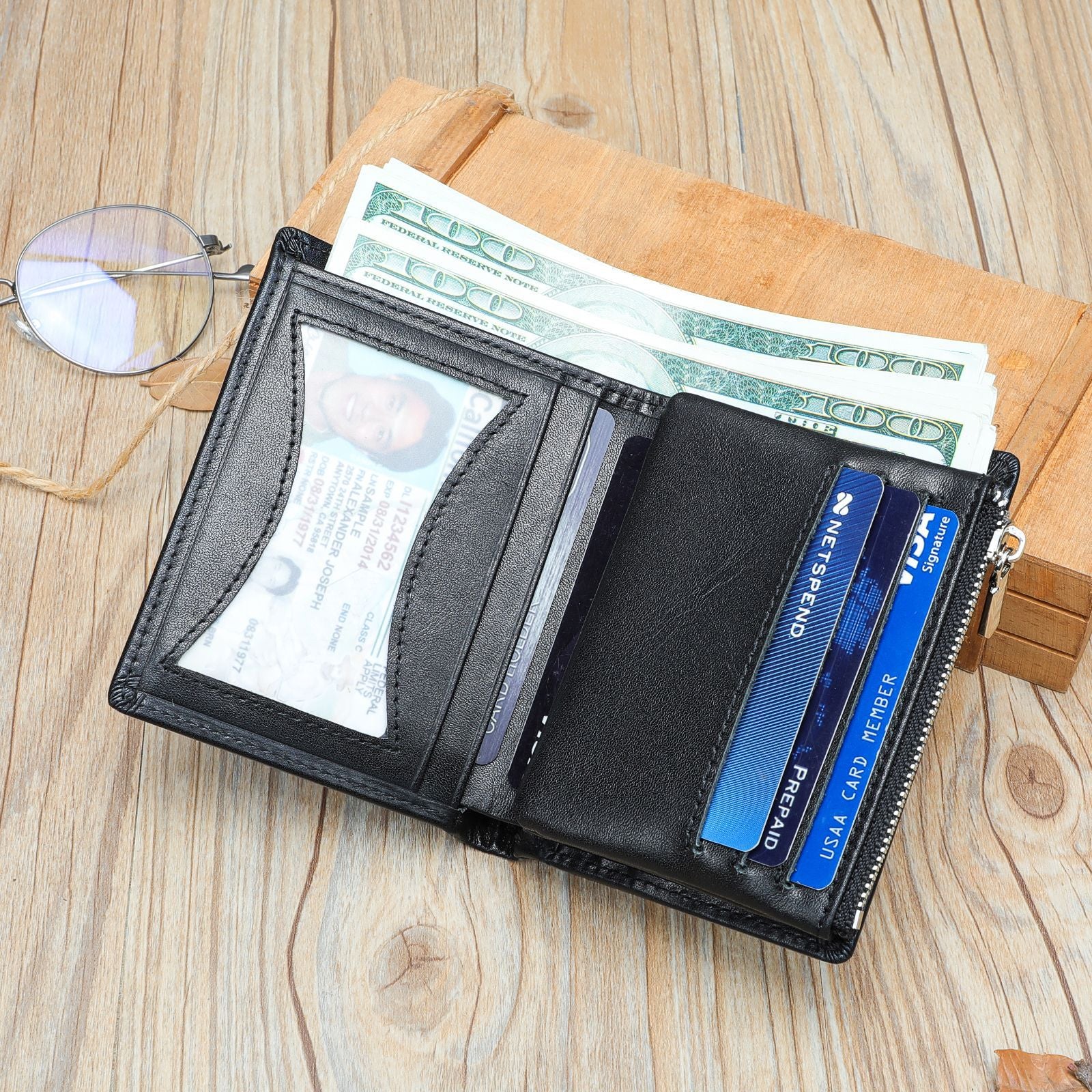 Handmade Cowhide Wallet Men's Top Layer Leather Zipper Anti-theft Swiping Large Capacity - Nyaabs