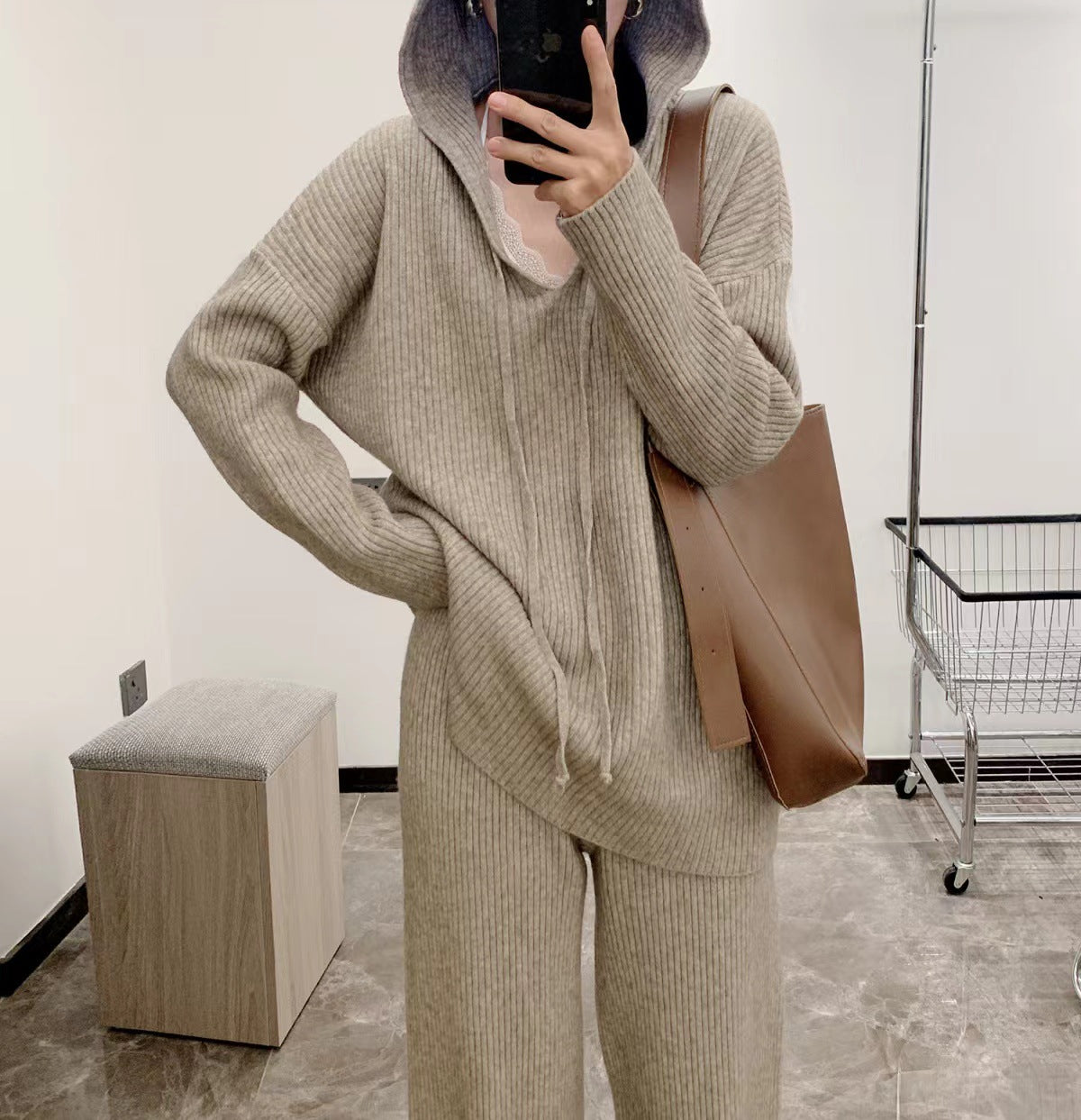 Fashionable Knitted Suit Fall Winter Hooded Loose Casual Sweater Wide Leg Pants Two-piece Set nyaabs.com