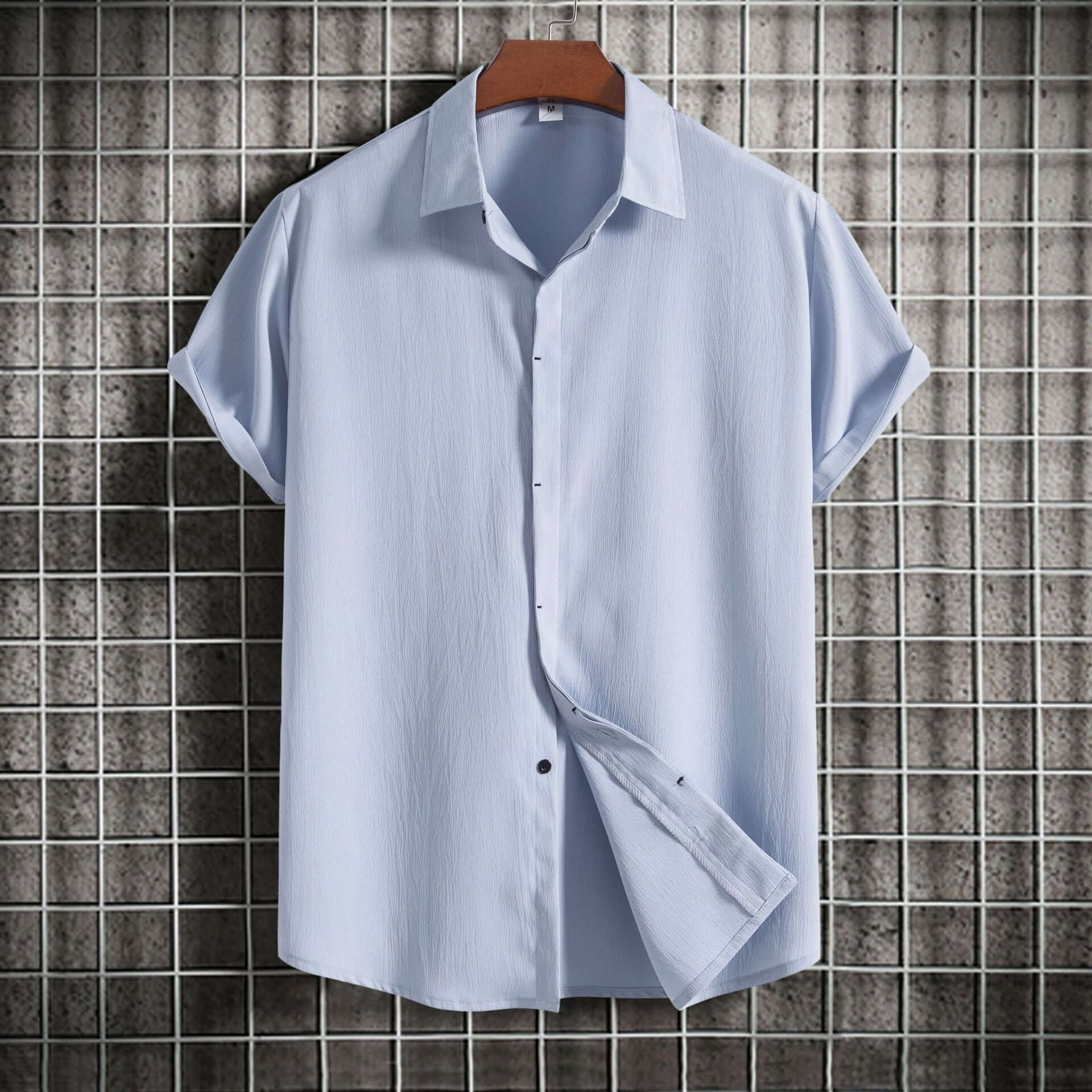 Cross-border 2024 summer new men's short-sleeved shirt loose solid color button short-sleeved shirt cotton and linen shirt men - Nyaabs