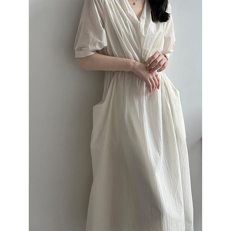 Retro V-neck Pleated Elegant Tied Cinched Mid-length Dress nyaabs.com