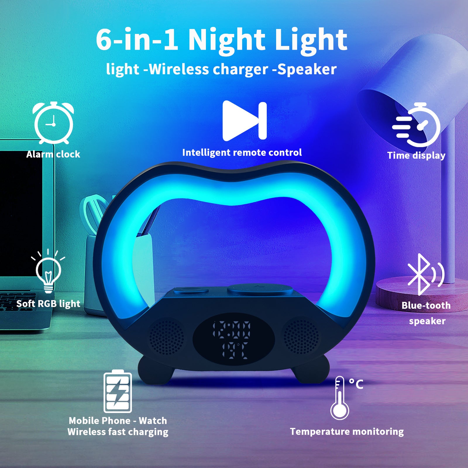 2024 New 6 In 1 Smart Remote Control Bluetooth Ambience Intelligent LED Table Lamp Multi-function Wireless Charger Night Light Bluetooth Speaker - Nyaabs