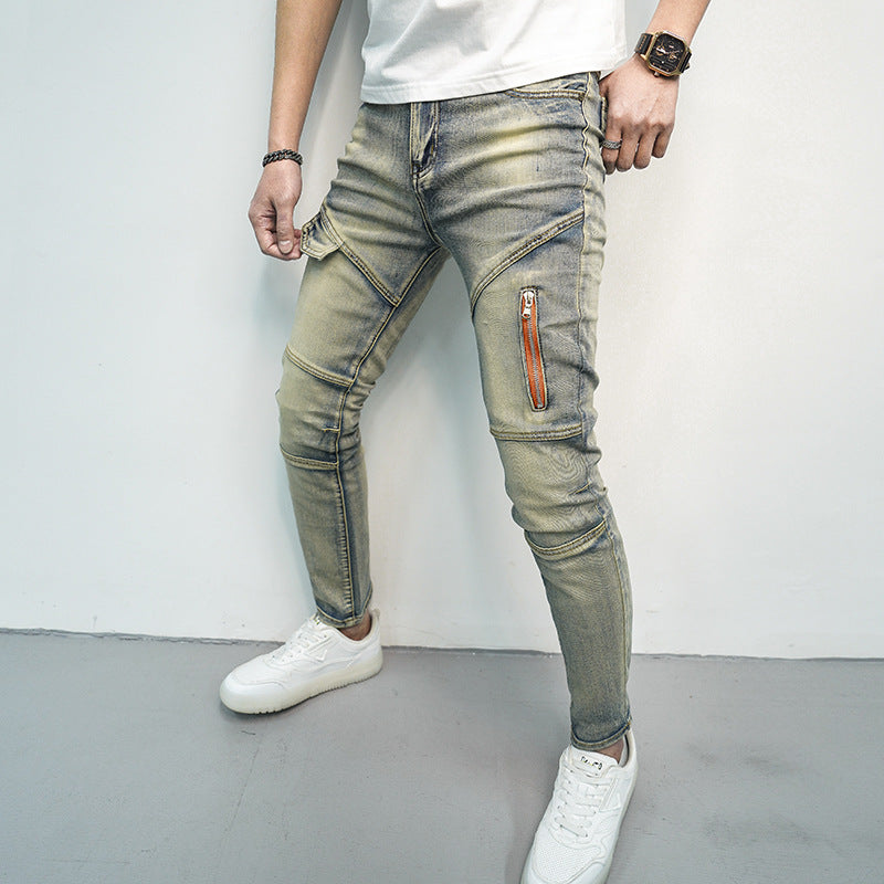 Spring And Summer All-matching Elastic Stitching Skinny Fashion And Handsome Zipper Decorations Men's Jeans - Nyaabs