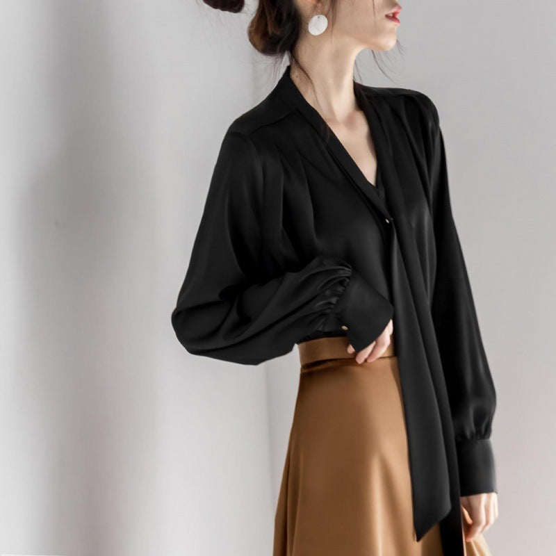 Satin Tie-neck Long Sleeve Shirt Simple All-match Tops nyaabs.com