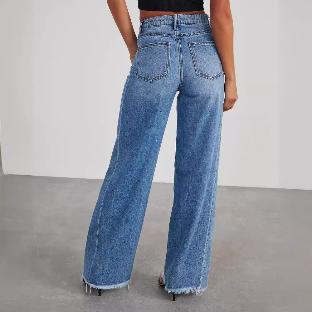 Women's Loose Wide-leg Side Seam Stitching Frayed Hem Jeans nyaabs.com