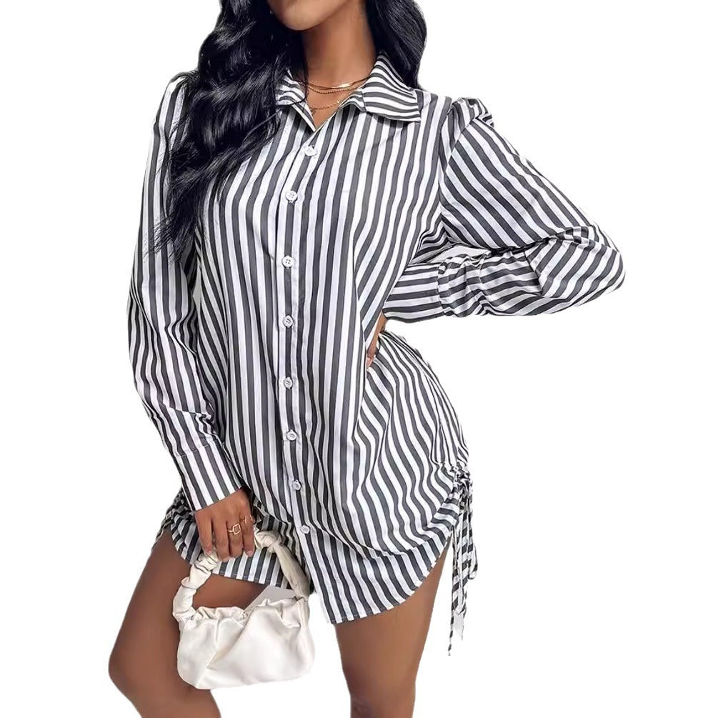 Women's Fashion Color Contrast Striped Long Sleeve Lapel Shirt Dress nyaabs.com