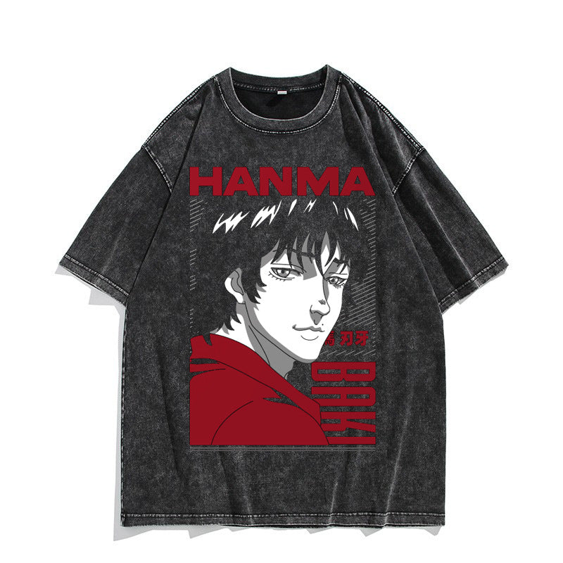 European and American washed distressed retro short-sleeved T-shirt anime Baki Hanma Baki Hanma American high street top - Nyaabs