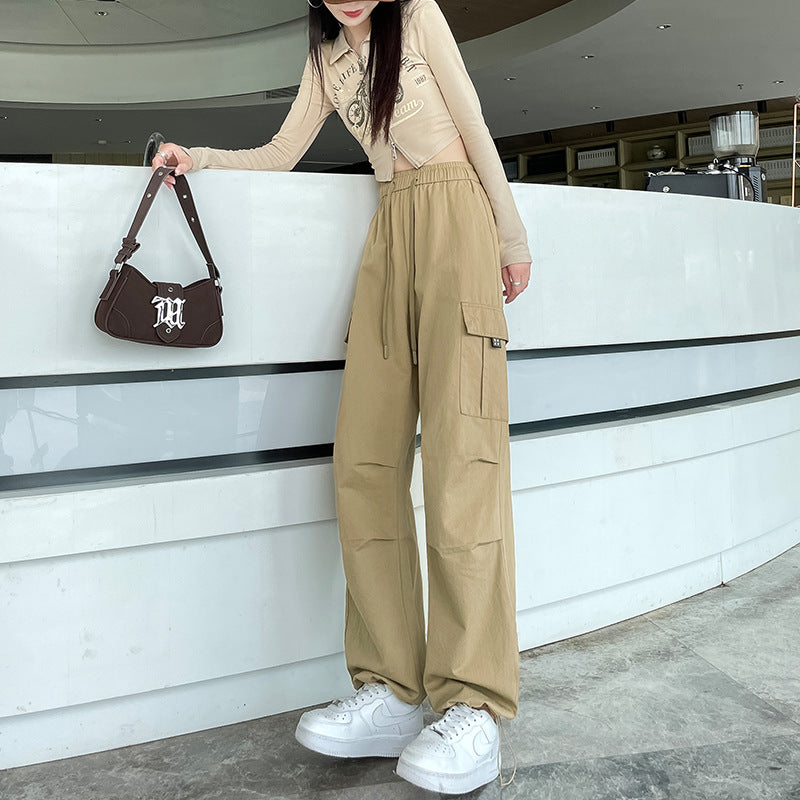 Drawstring Tooling Style High Waist Design Sense Ankle-tied Sports Wide-leg Pants nyaabs.com