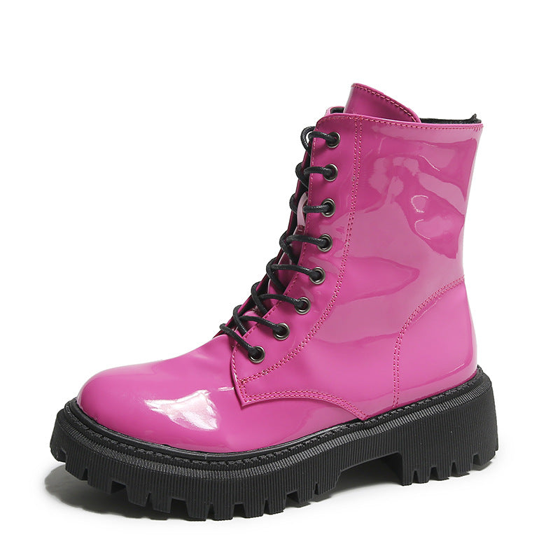 European And American Patent Leather Mid Heel Round Toe Short Motorcycle Boots nyaabs.com