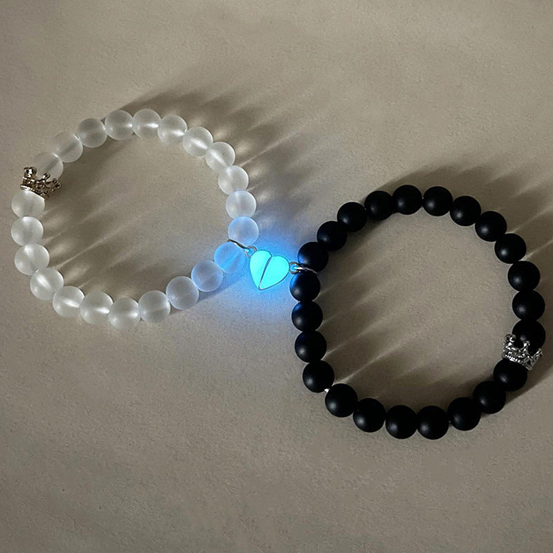 Fashion Jewelry 2pcs Handmade Crown Beaded Charms Bracelet Luminou Heart Glow In The Dark Couple Bracelet For Lover Men Women Fluorescent Gift - Nyaabs