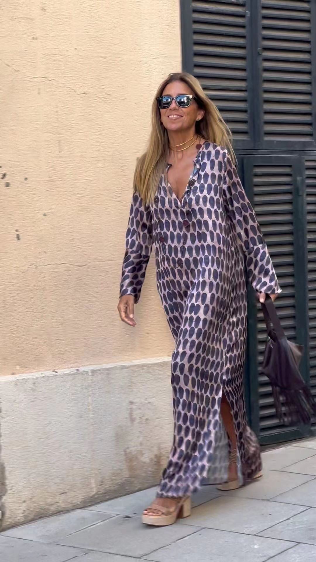 Summer Geometric Printed V-neck Long Dress Fashion Long Sleeve Slit Dresses For Women - Nyaabs