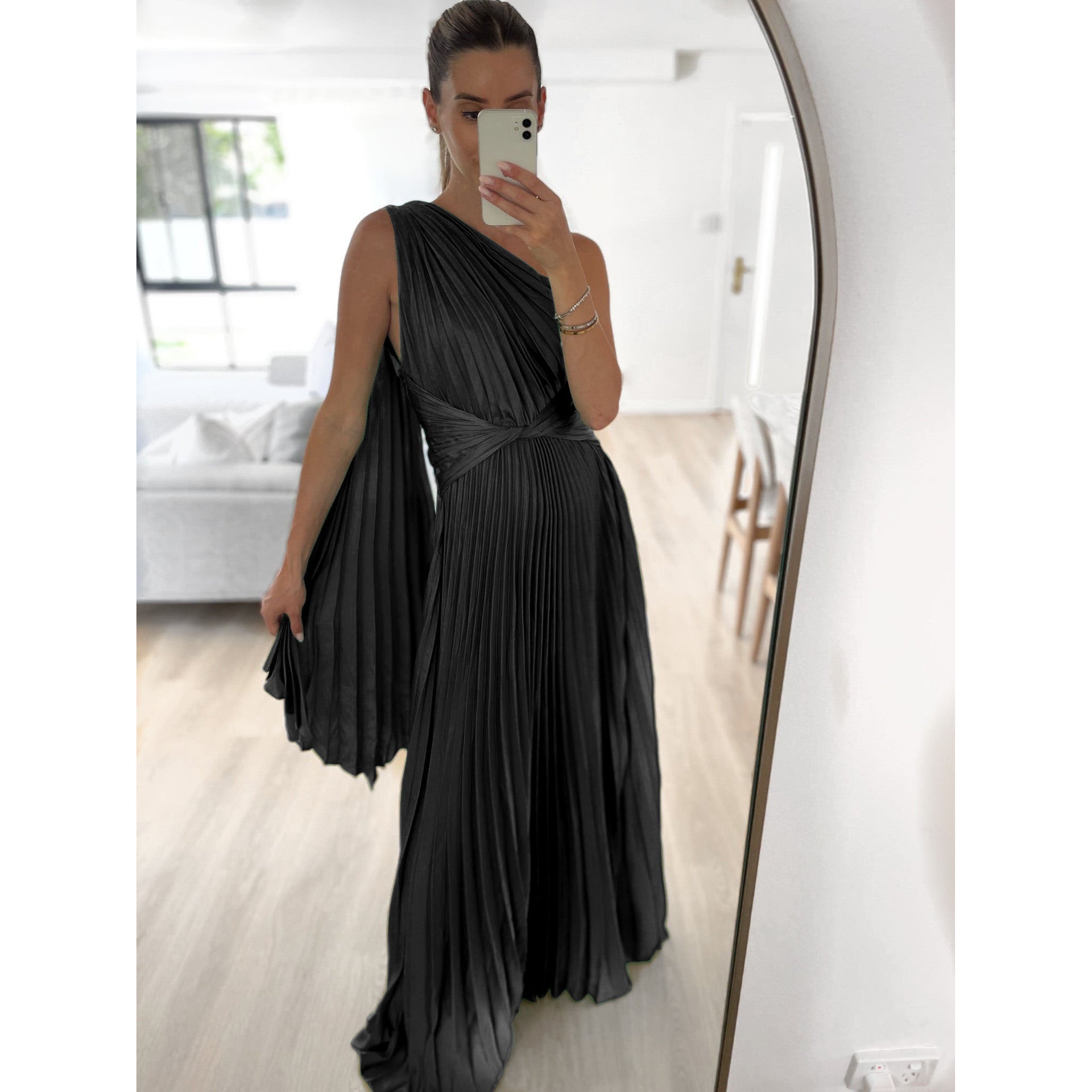 Slant Shoulder Pleated Casual INS Loose Vacation Party Length Dress nyaabs.com