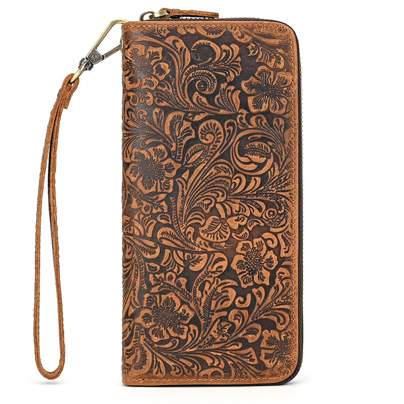 Men's Crazy Horse Leather Retro Embossing Fashion Long Wallet - Nyaabs