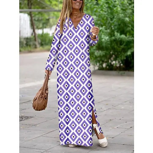 Summer Geometric Printed V-neck Long Dress Fashion Long Sleeve Slit Dresses For Women - Nyaabs