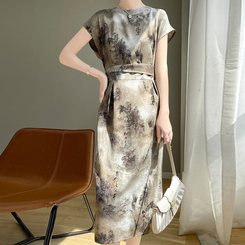 Silky Acetate Satin Chinese Style Ink Painting Skirt Long High Sense nyaabs.com