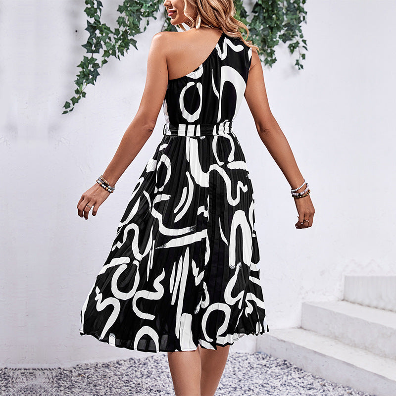 European And American Letter Printing Sloping Shoulder Dress nyaabs.com