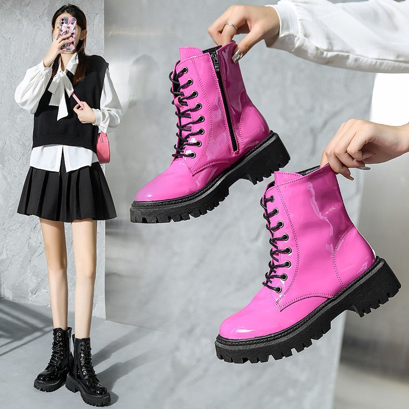 European And American Patent Leather Mid Heel Round Toe Short Motorcycle Boots nyaabs.com