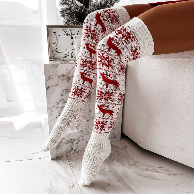 Winter Christmas Warm Knitted Women Stocking Beautiful Elk Snowflake Jacquard Over-the-knee Casual Long Socks For Ladies Gifts Free Size - Nyaabs