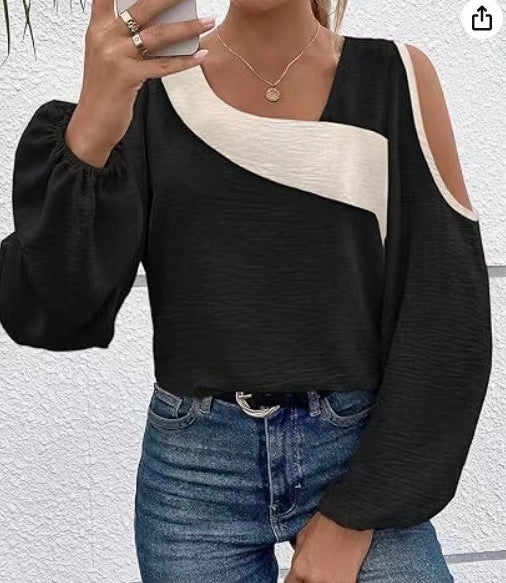 Off-the-shoulder Stitching Pullover Diagonal Collar Long Sleeve Loose Shirt nyaabs.com