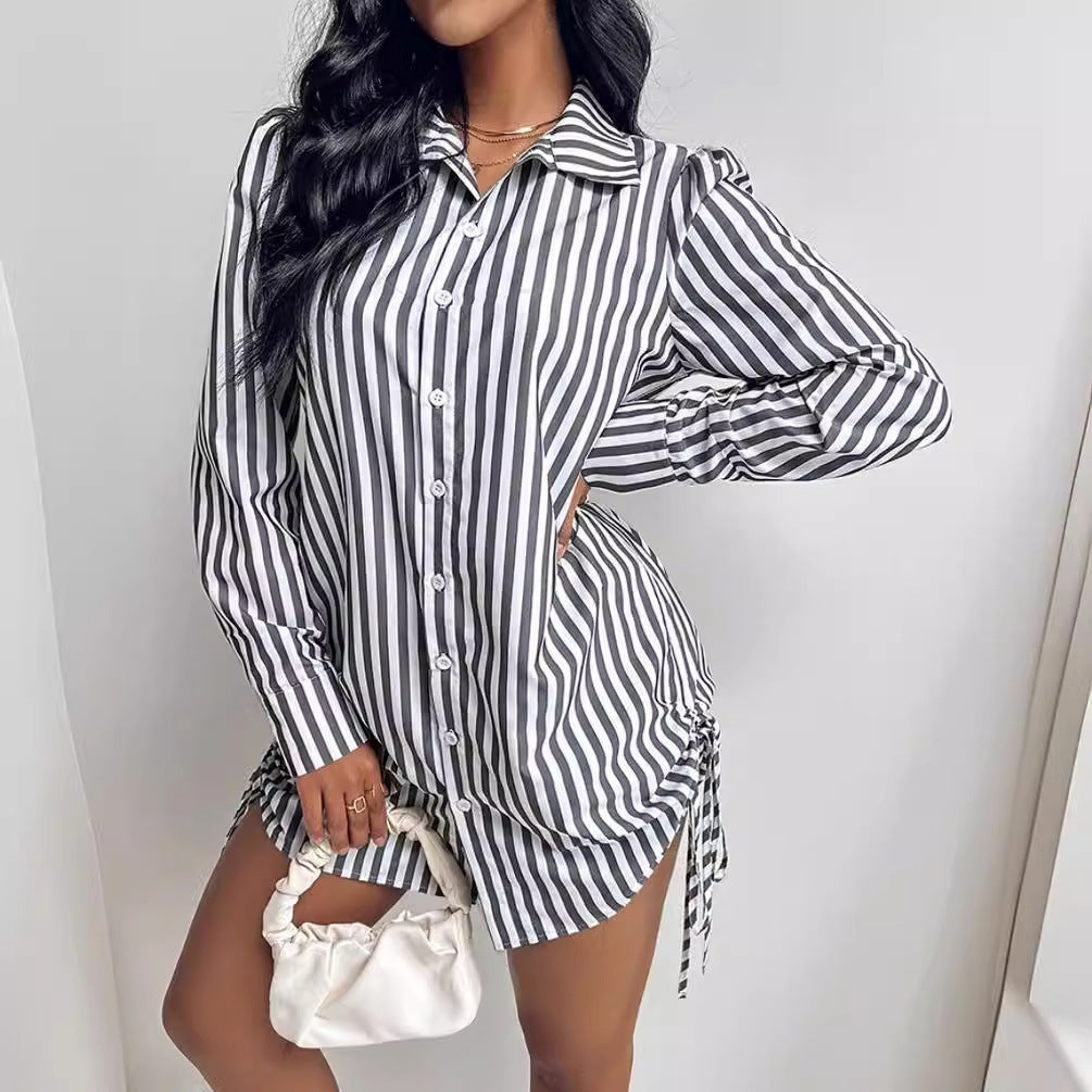 Women's Fashion Color Contrast Striped Long Sleeve Lapel Shirt Dress nyaabs.com