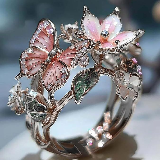 Adjustable Elegant Transparent Crystal 3D Shining Diamond Drop Oil Butterfly Flower Ring For Women Aesthetic Gold Plated Cute Animal Insect Fashion Jewelry - Nyaabs