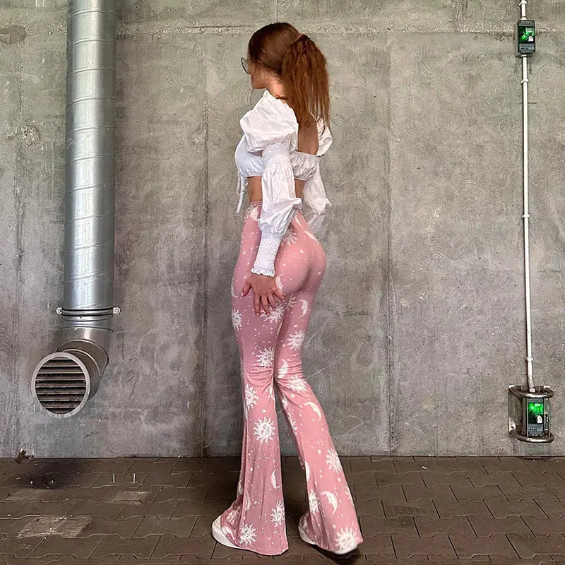 Starry Sun Pattern Printed High Waist Flared Pants - Nyaabs