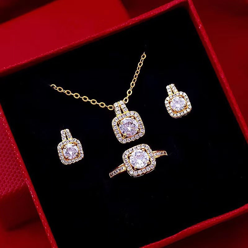 Fashion Jewelry Set Zircon Gem Pendant Chain Choker Necklace For Women Gold Color Stud Earring Statement Wedding Ring - Nyaabs