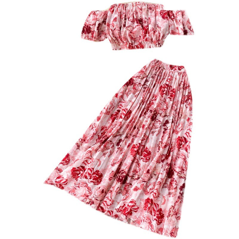 Women's Vacation Style Design Off-shoulder Short-sleeved Tube Top Pleated Skirt Two-piece Set nyaabs.com