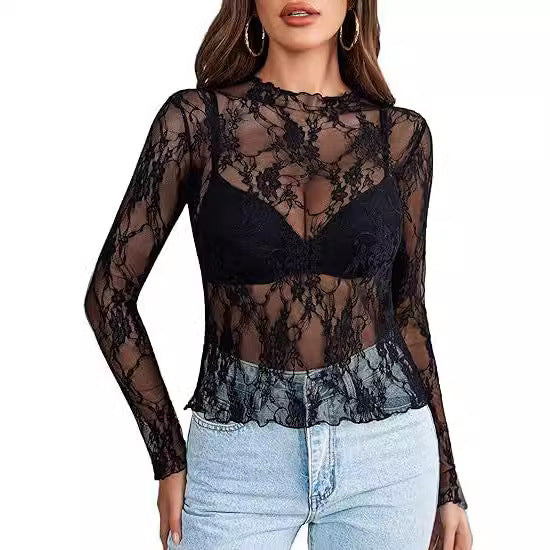 Women's Lace Blouse Long Sleeve Transparent Shirt - Nyaabs