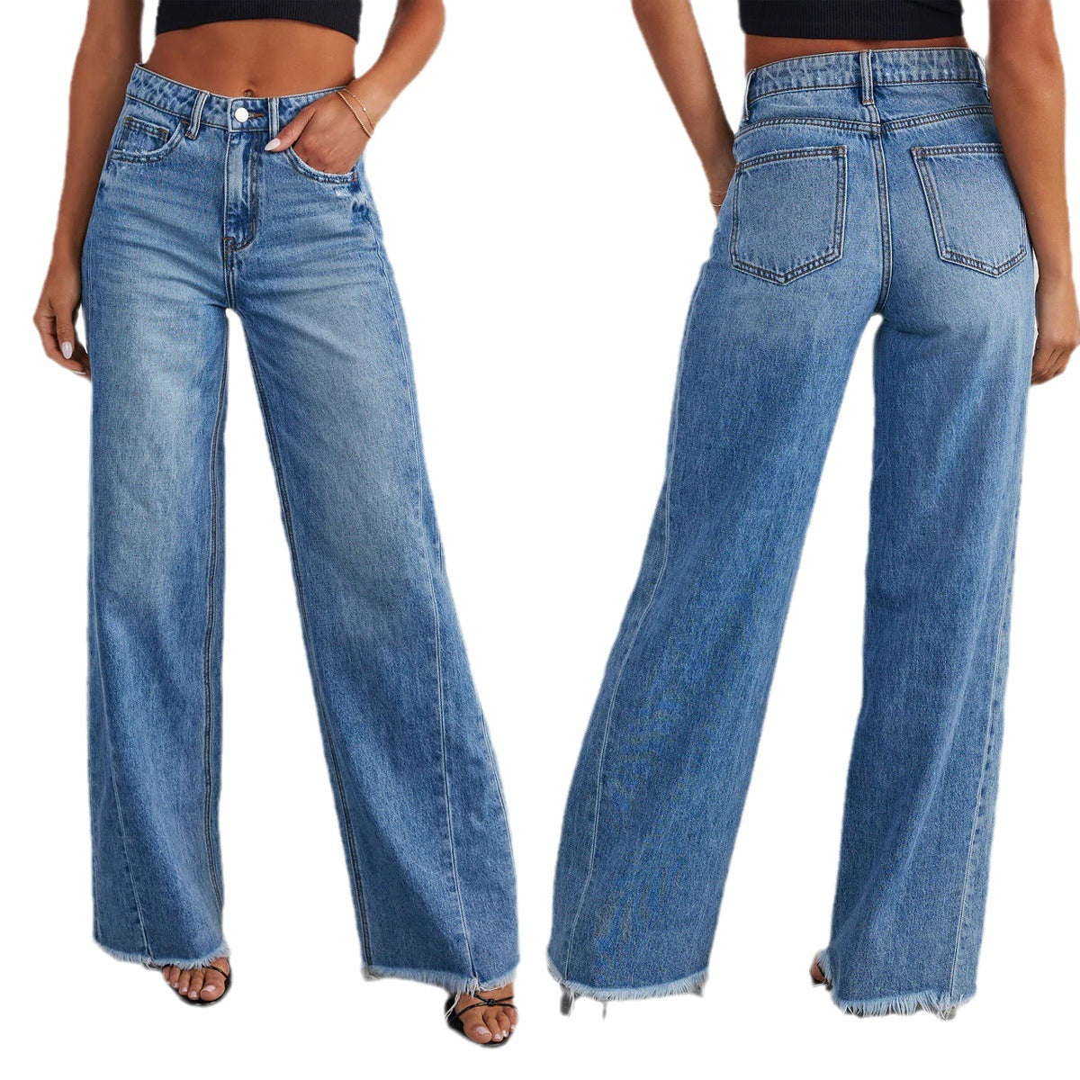 Women's Loose Wide-leg Side Seam Stitching Frayed Hem Jeans nyaabs.com