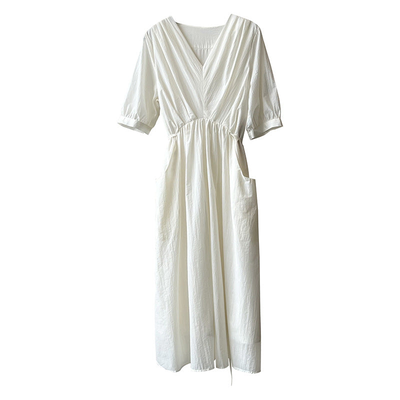 Retro V-neck Pleated Elegant Tied Cinched Mid-length Dress nyaabs.com